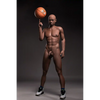 5ft 9in 175cm muscular Black male sex doll bald with a large penis dressed in a basketball outfit.