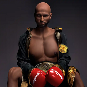 5ft 9in 175cm muscular Black male sex doll bald with a large penis dressed in a boxing outfit.
