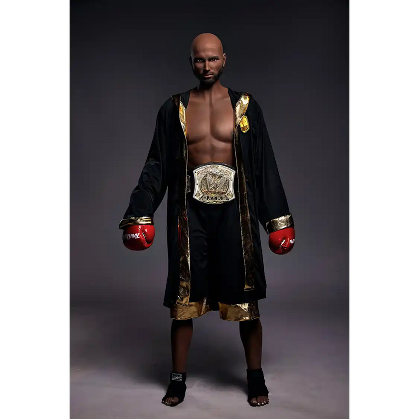 5ft 9in 175cm muscular Black male sex doll bald with a large penis dressed in a boxing outfit.
