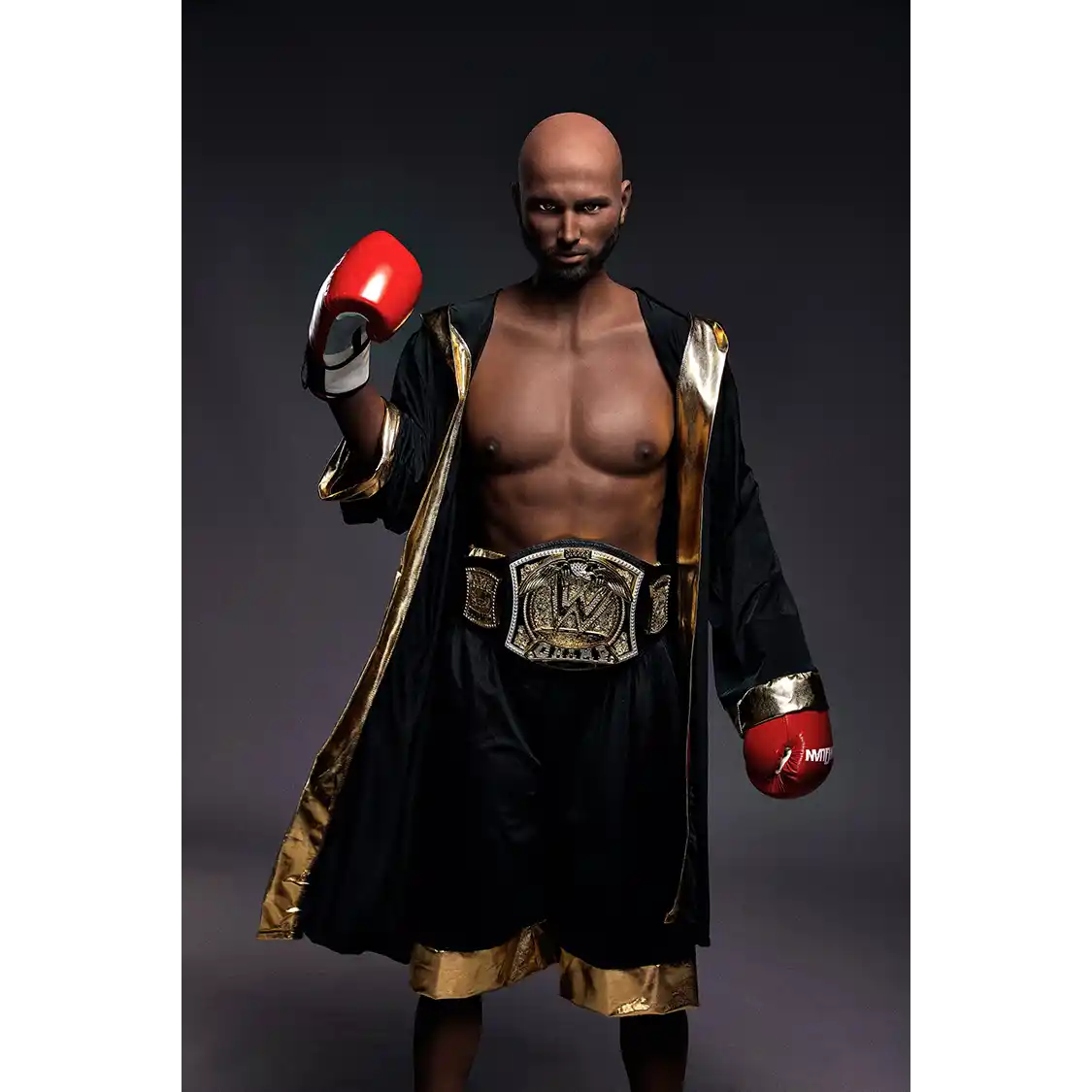 5ft 9in 175cm muscular Black male sex doll bald with a large penis dressed in a boxing outfit.