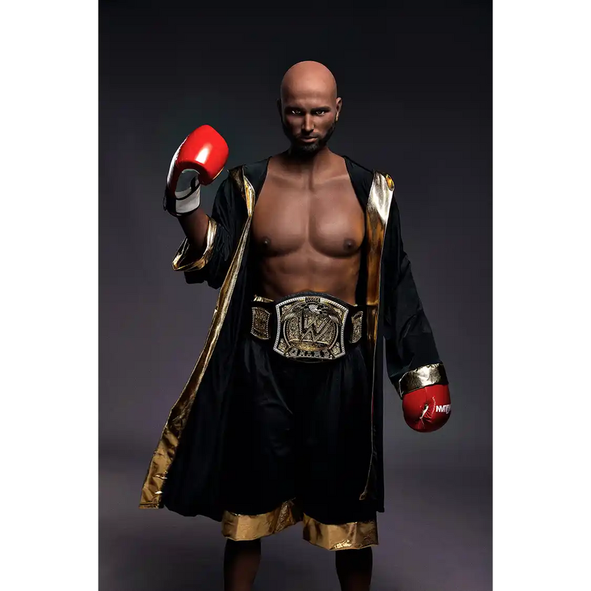 5ft 9in 175cm muscular Black male sex doll bald with a large penis dressed in a boxing outfit.