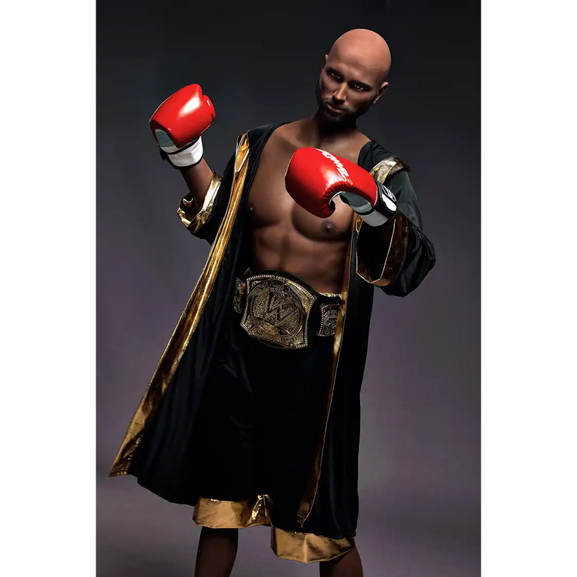 5ft 9in 175cm muscular Black male sex doll bald with a large penis dressed in a boxing outfit.