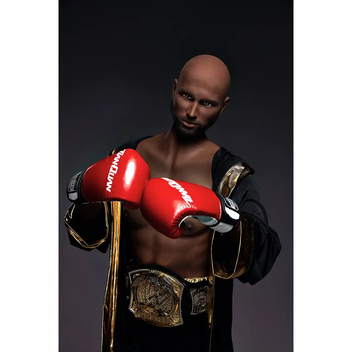 5ft 9in 175cm muscular Black male sex doll bald with a large penis dressed in a boxing outfit.