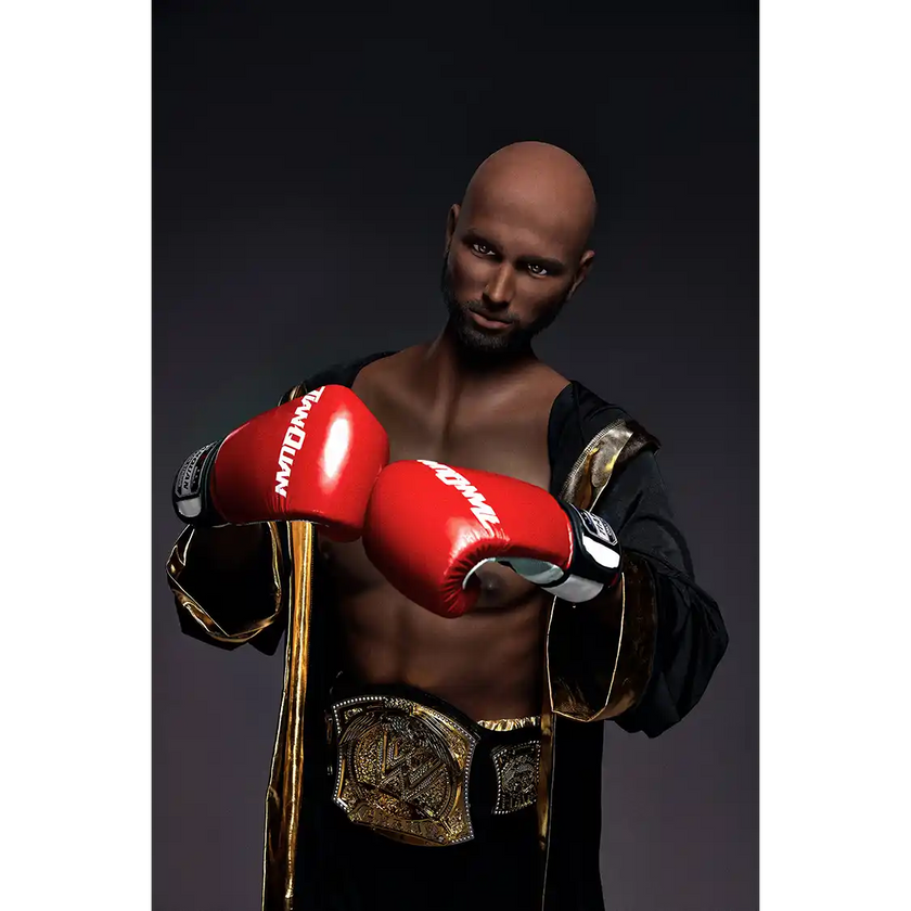 5ft 9in 175cm muscular Black male sex doll bald with a large penis dressed in a boxing outfit.