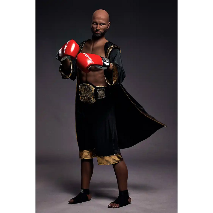 5ft 9in 175cm muscular Black male sex doll bald with a large penis dressed in a boxing outfit.