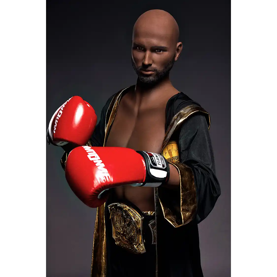 5ft 9in 175cm muscular Black male sex doll bald with a large penis dressed in a boxing outfit.