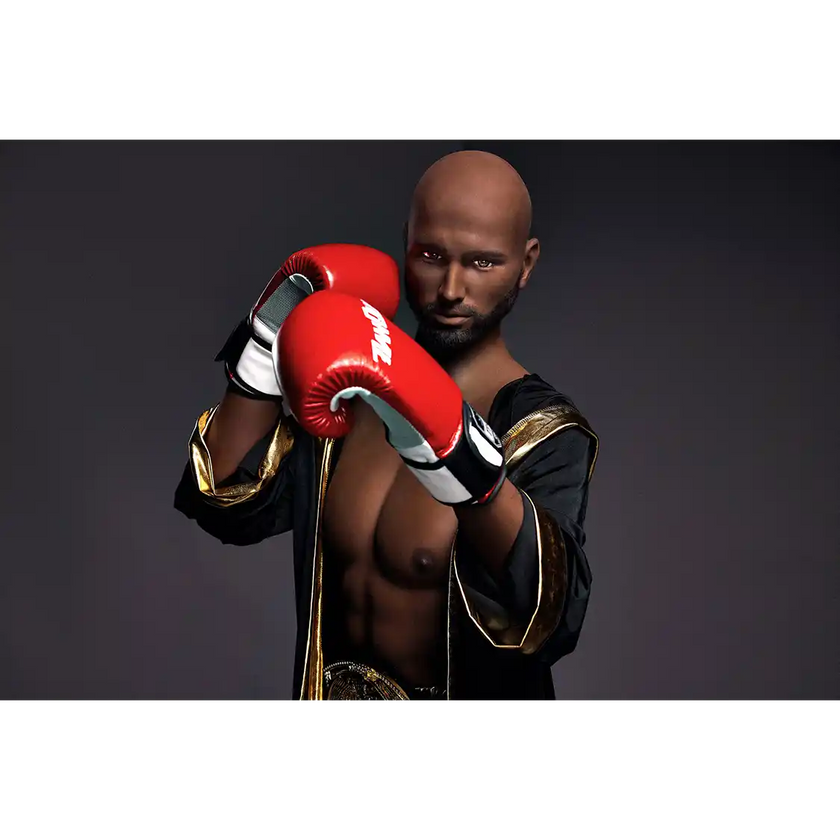 5ft 9in 175cm muscular Black male sex doll bald with a large penis dressed in a boxing outfit.