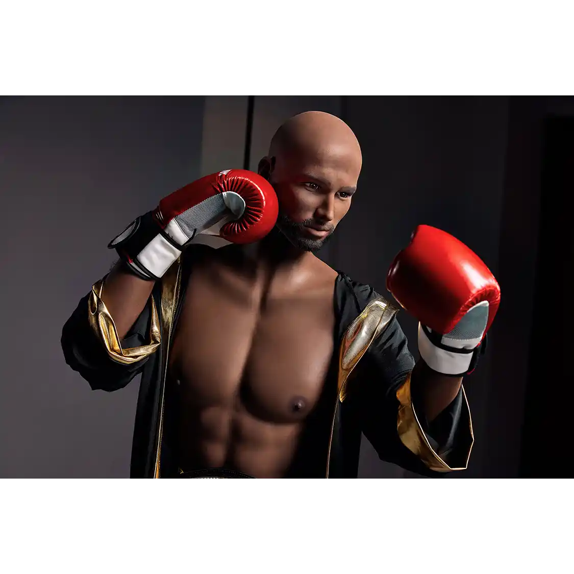 5ft 9in 175cm muscular Black male sex doll bald with a large penis dressed in a boxing outfit.