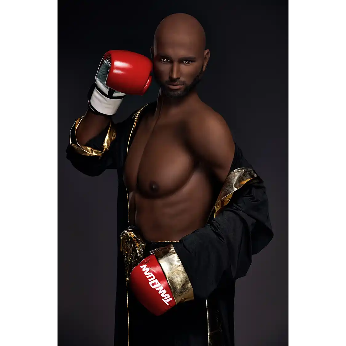 5ft 9in 175cm muscular Black male sex doll bald with a large penis dressed in a boxing outfit.