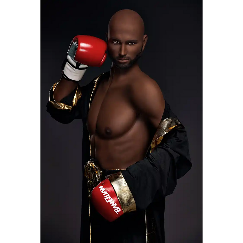5ft 9in 175cm muscular Black male sex doll bald with a large penis dressed in a boxing outfit.