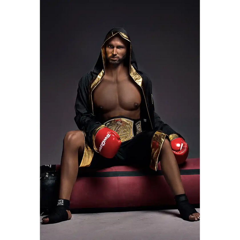 5ft 9in 175cm muscular Black male sex doll bald with a large penis dressed in a boxing outfit.
