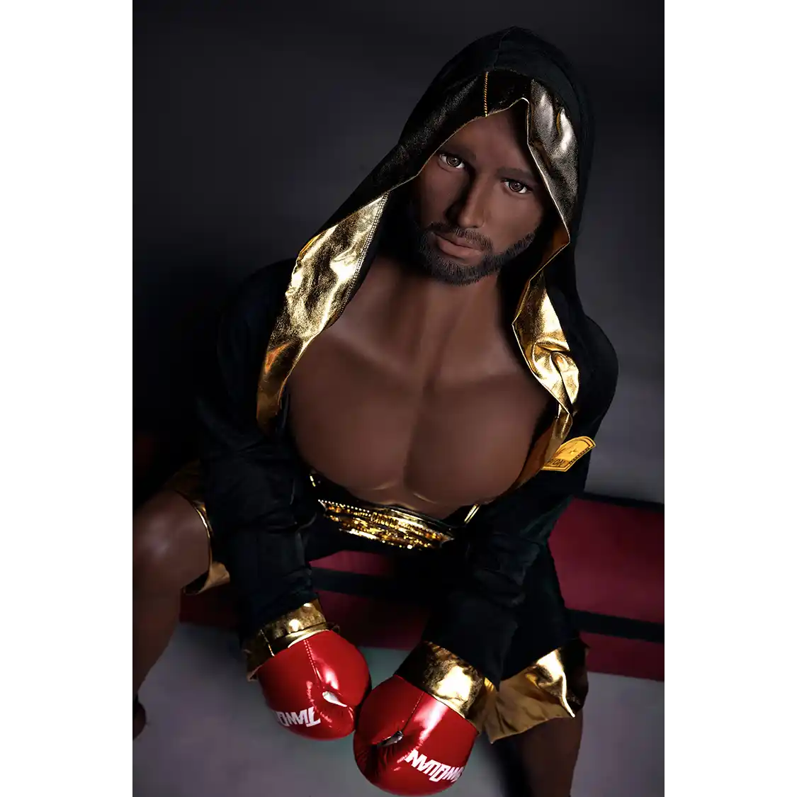 5ft 9in 175cm muscular Black male sex doll bald with a large penis dressed in a boxing outfit.