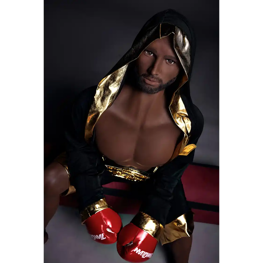 5ft 9in 175cm muscular Black male sex doll bald with a large penis dressed in a boxing outfit.
