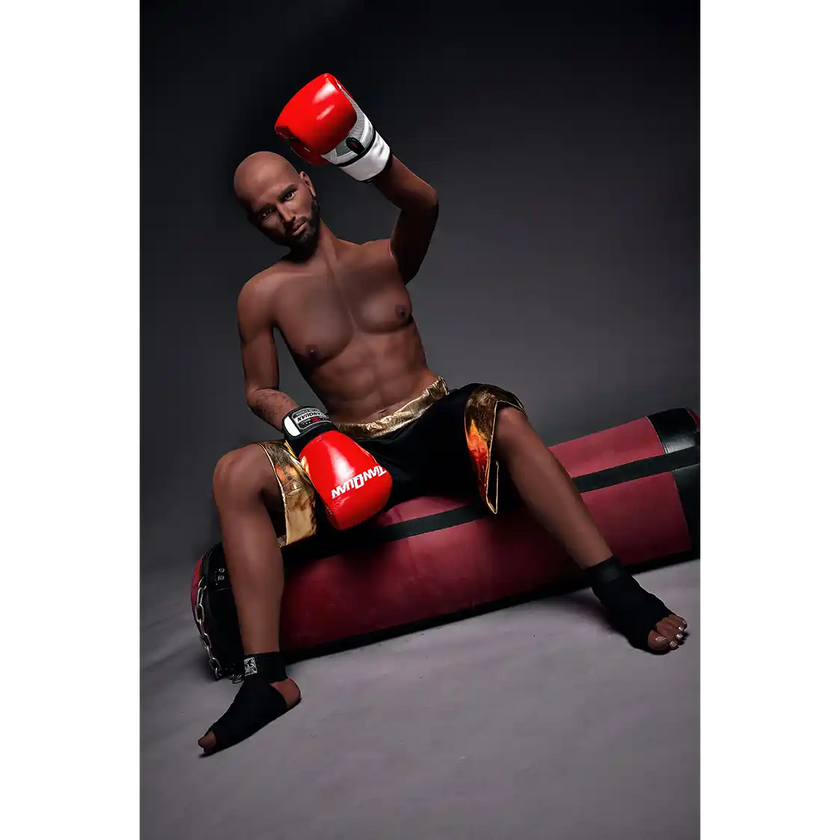 5ft 9in 175cm muscular Black male sex doll bald with a large penis dressed in a boxing outfit.