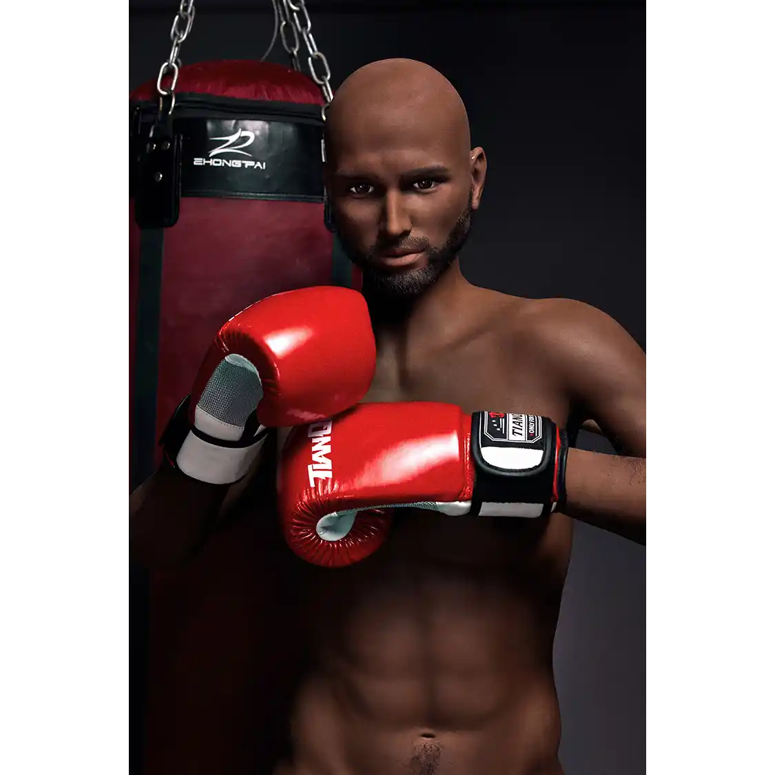 5ft 9in 175cm muscular Black male sex doll bald with a large penis dressed in a boxing outfit.