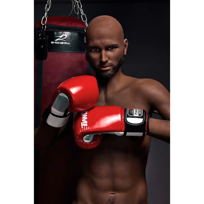 5ft 9in 175cm muscular Black male sex doll bald with a large penis dressed in a boxing outfit.