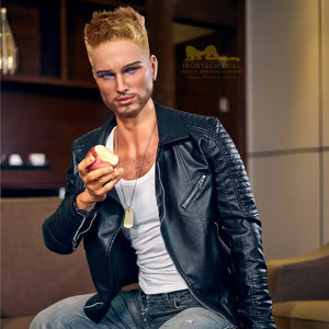 5ft 9in 176cm muscular White male sex doll with a large penis in a black leather jacket and jeans.