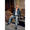 5ft 9in 176cm muscular White male sex doll with a large penis in a black leather jacket and jeans.