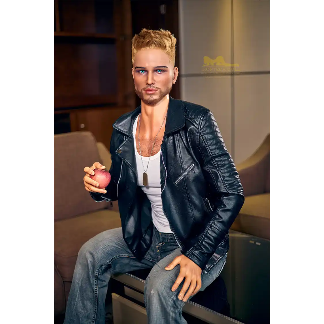 5ft 9in 176cm muscular White male sex doll with a large penis in a black leather jacket and jeans.