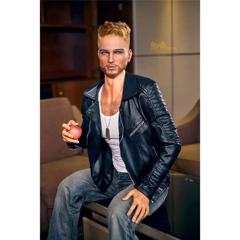 5ft 9in 176cm muscular White male sex doll with a large penis in a black leather jacket and jeans.