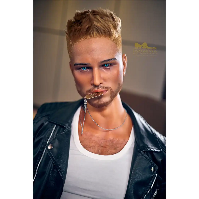 5ft 9in 176cm muscular White male sex doll with a large penis in a black leather jacket and jeans.