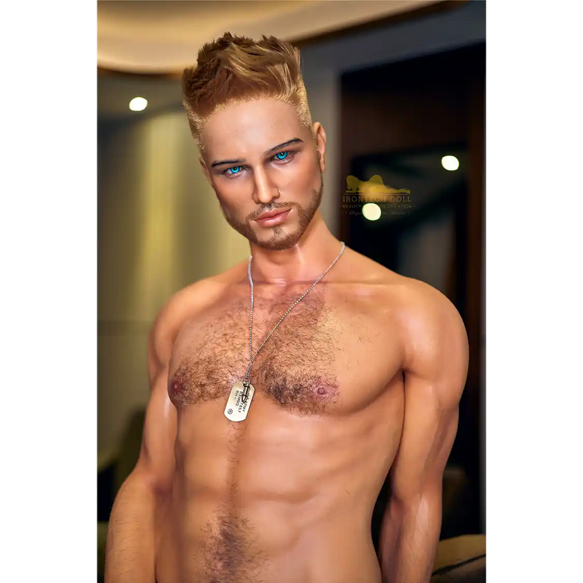 5ft 9in 176cm muscular White male sex doll with a large penis in a black leather jacket and jeans.