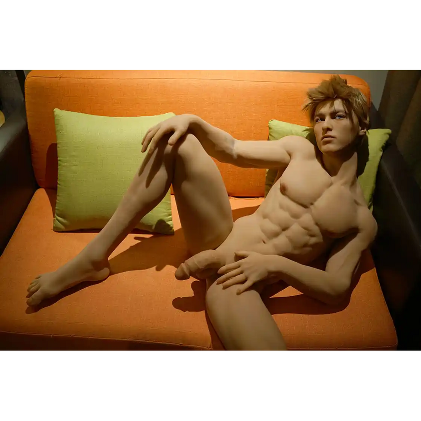 5ft 7in 170cm muscular white male sex doll with abs, giant penis and blonde hair and blue eyes in white underwear made by Doll Forever.