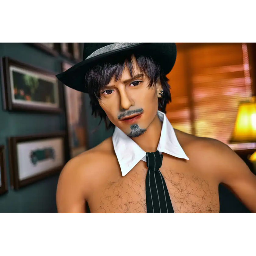 5ft 9in 175cm muscular White male sex doll with dark har, a goatee and mustache, a hat, a tie and stylish underwear with a large penis.