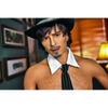 5ft 9in 175cm muscular White male sex doll with dark har, a goatee and mustache, a hat, a tie and stylish underwear with a large penis.