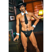 5ft 9in 175cm muscular White male sex doll with dark har, a goatee and mustache, a hat, a tie and stylish underwear with a large penis.