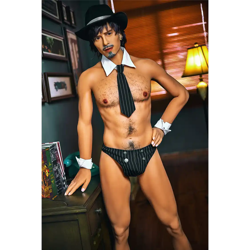 5ft 9in 175cm muscular White male sex doll with dark har, a goatee and mustache, a hat, a tie and stylish underwear with a large penis.