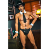 5ft 9in 175cm muscular White male sex doll with dark har, a goatee and mustache, a hat, a tie and stylish underwear with a large penis.