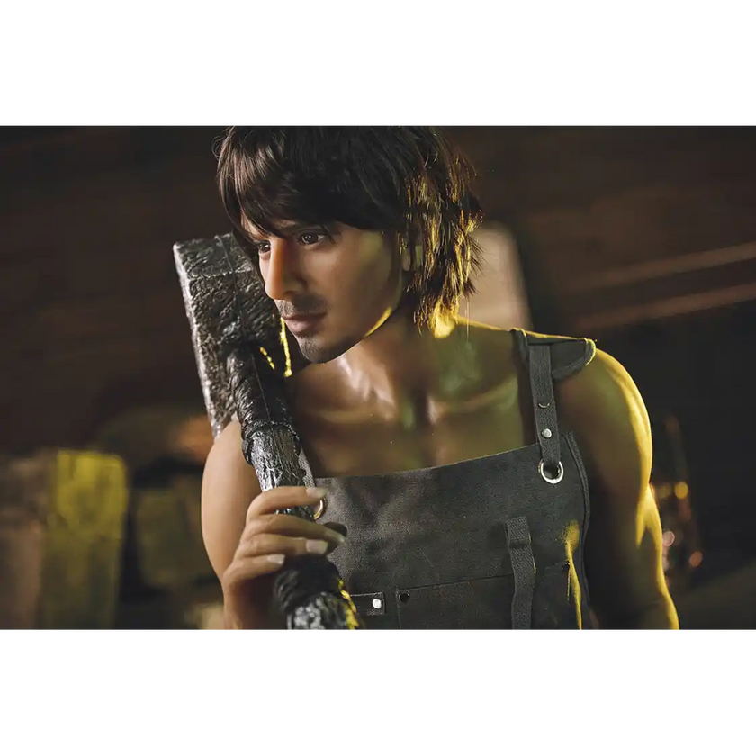 5ft 4in 162cm muscular White male sex doll with dark hair and a large penis in a blacksmiths outfit.