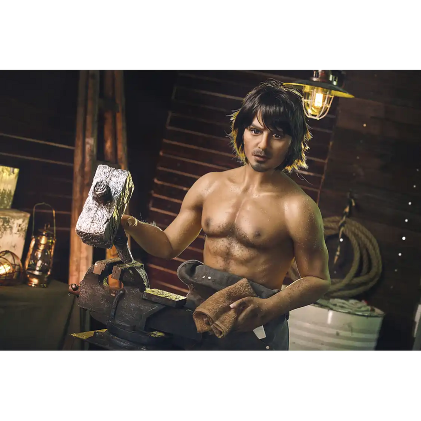 5ft 4in 162cm muscular White male sex doll with dark hair and a large penis in a blacksmiths outfit.