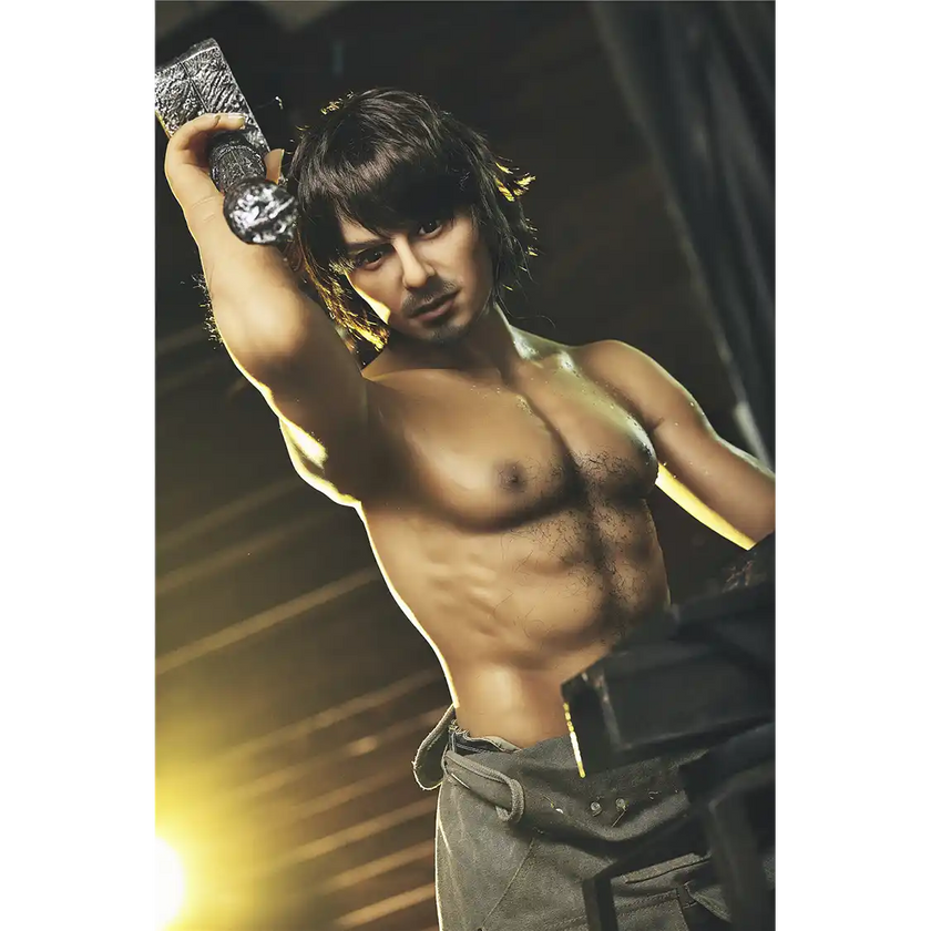 5ft 4in 162cm muscular White male sex doll with dark hair and a large penis in a blacksmiths outfit.