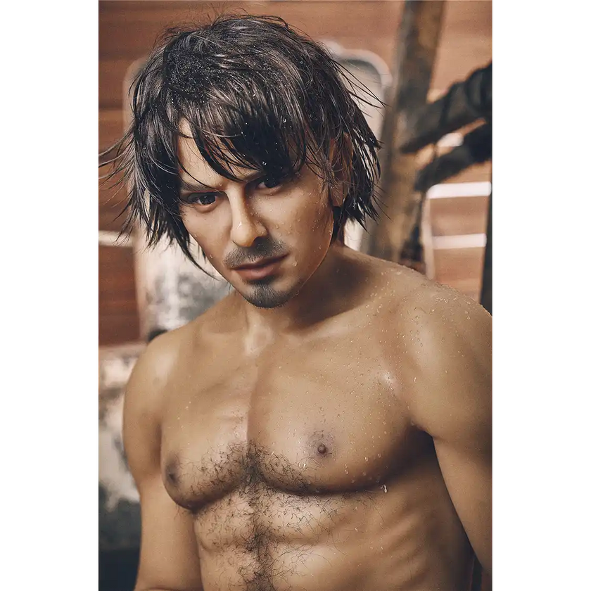 5ft 4in 162cm muscular White male sex doll with dark hair and a large penis in a blacksmiths outfit.