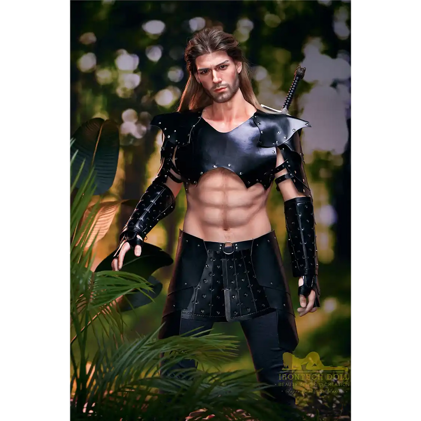 5ft 9in 176cm muscular White male sex doll with a large penis in fantasy outfit.