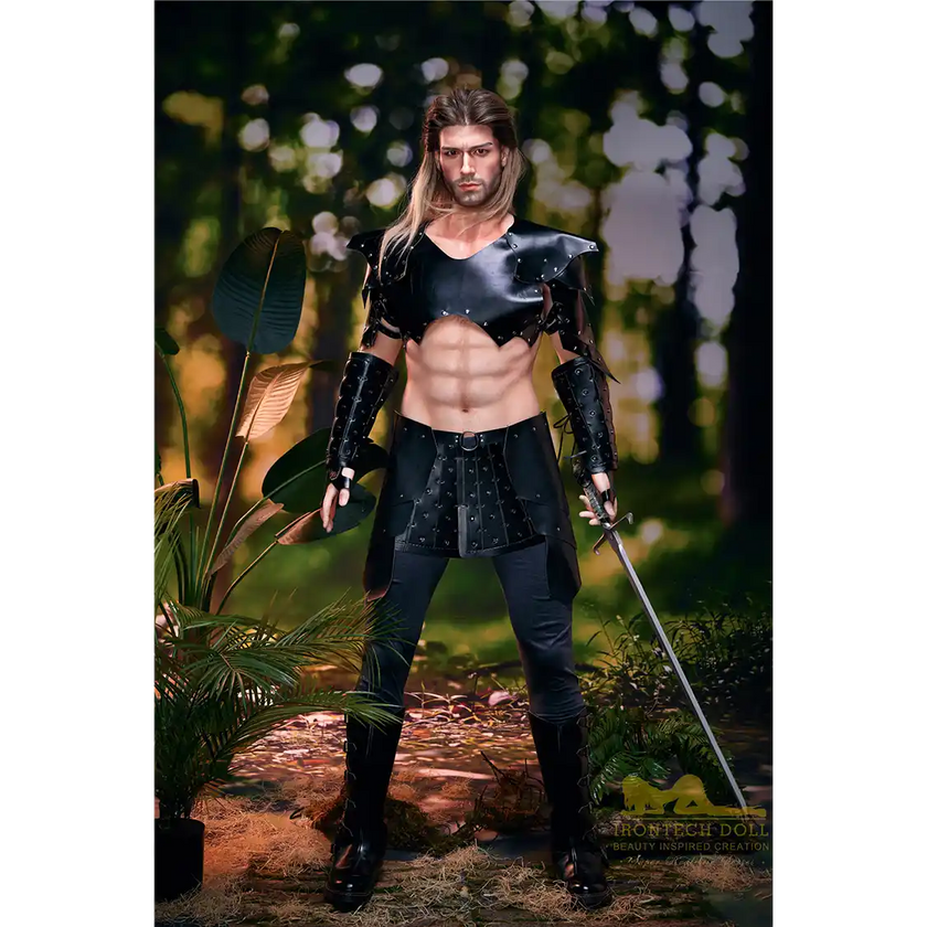 5ft 9in 176cm muscular White male sex doll with a large penis in fantasy outfit.