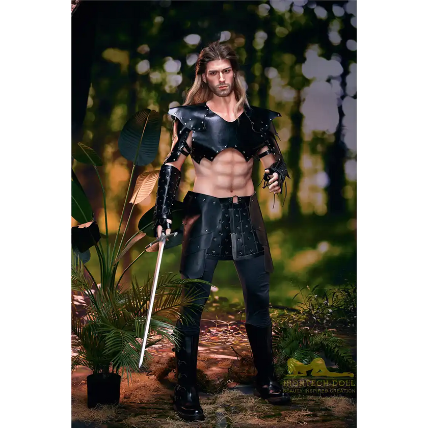 5ft 9in 176cm muscular White male sex doll with a large penis in fantasy outfit.