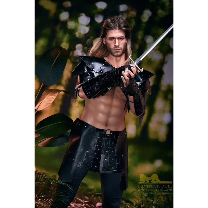 5ft 9in 176cm muscular White male sex doll with a large penis in fantasy outfit.