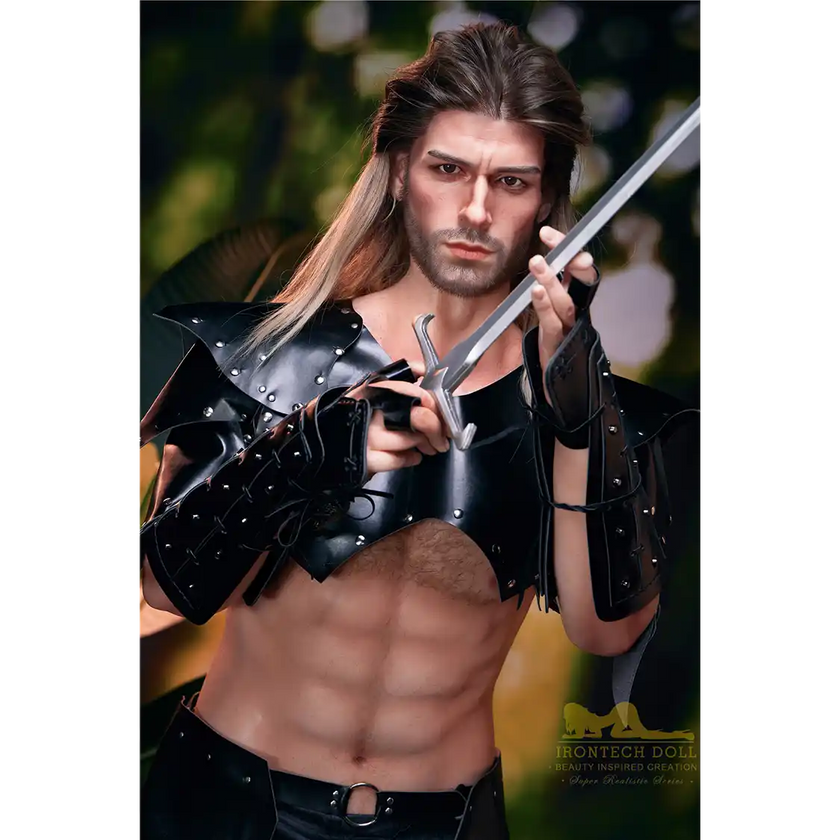 5ft 9in 176cm muscular White male sex doll with a large penis in fantasy outfit.