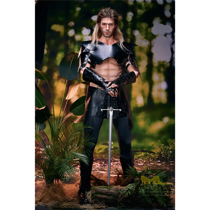 5ft 9in 176cm muscular White male sex doll with a large penis in fantasy outfit.