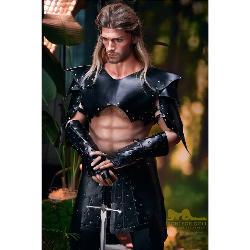 5ft 9in 176cm muscular White male sex doll with a large penis in fantasy outfit.