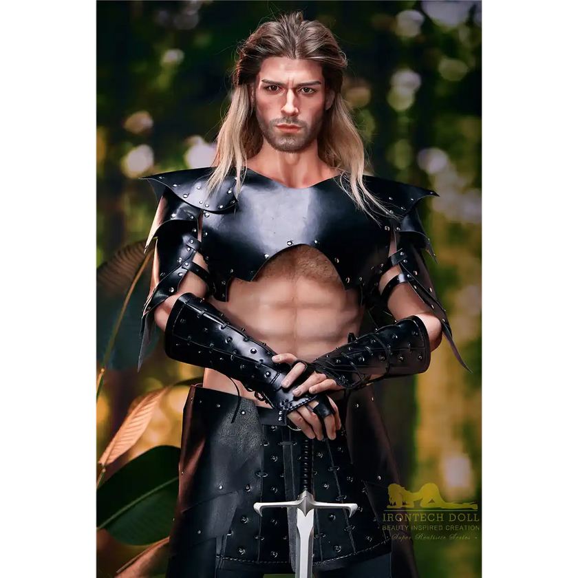 5ft 9in 176cm muscular White male sex doll with a large penis in fantasy outfit.
