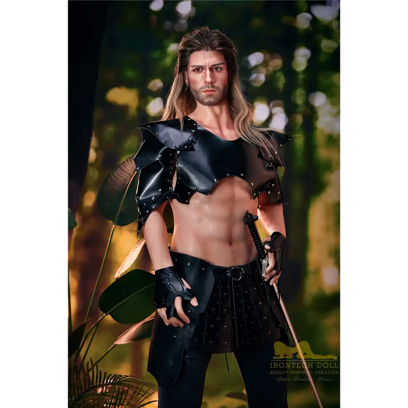 5ft 9in 176cm muscular White male sex doll with a large penis in fantasy outfit.