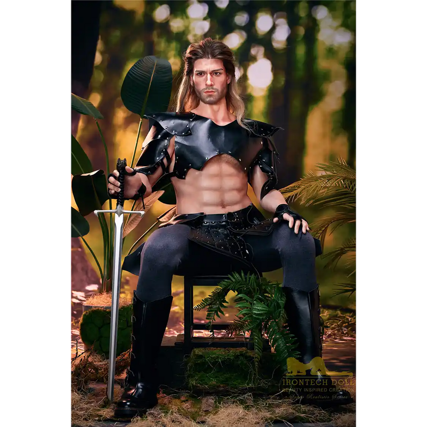 5ft 9in 176cm muscular White male sex doll with a large penis in fantasy outfit.