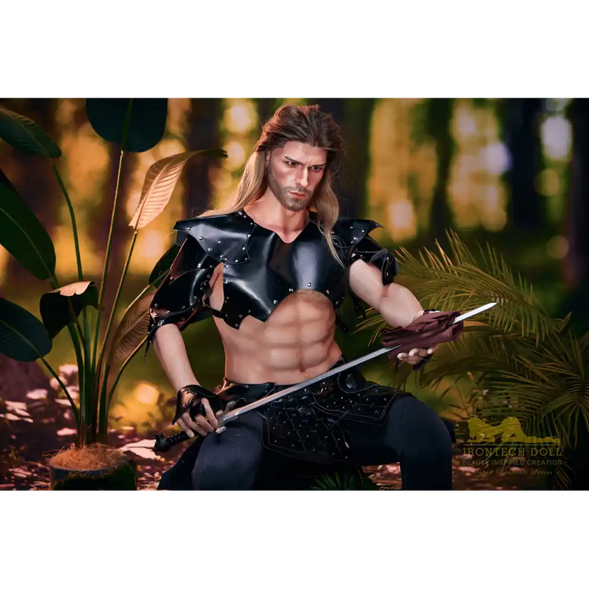 5ft 9in 176cm muscular White male sex doll with a large penis in fantasy outfit.