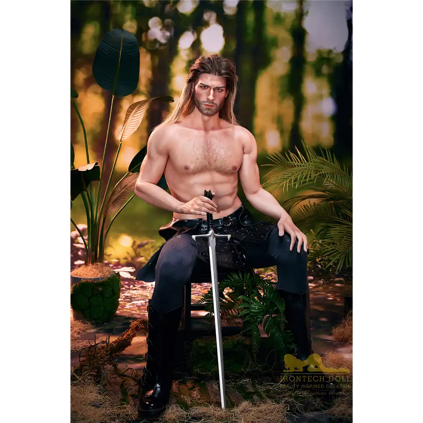 5ft 9in 176cm muscular White male sex doll with a large penis in fantasy outfit.