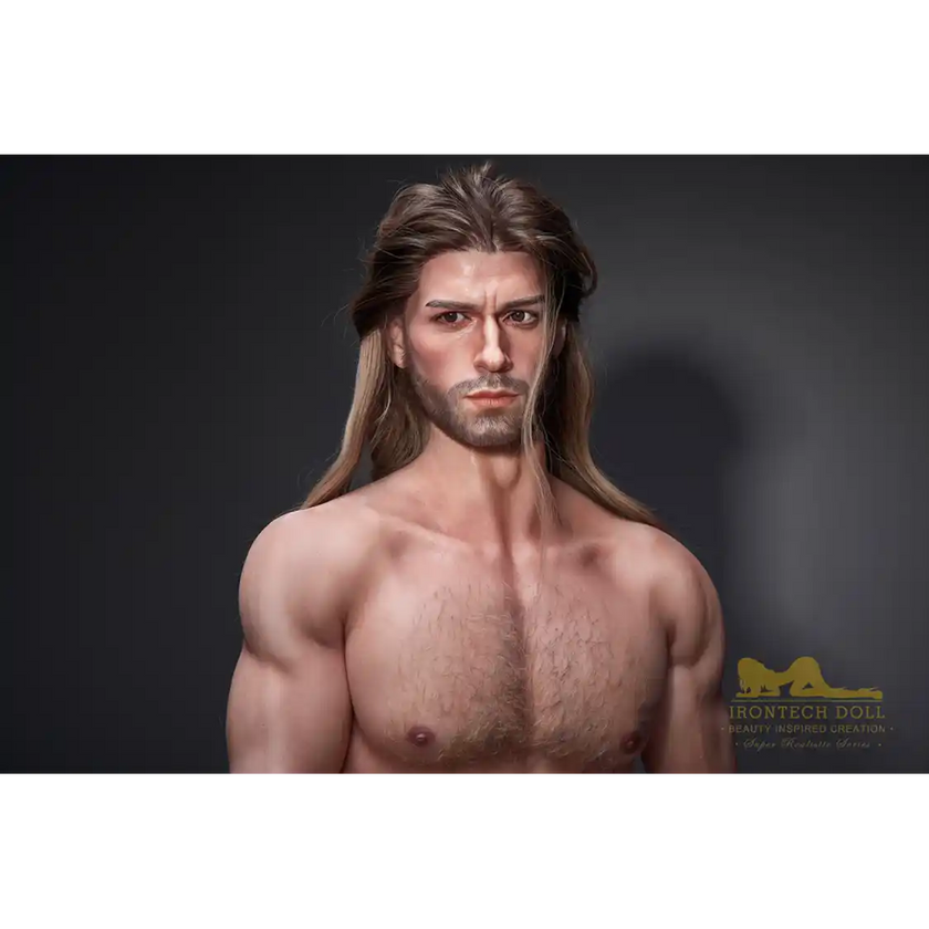 5ft 9in 176cm muscular White male sex doll with a large penis in fantasy outfit.