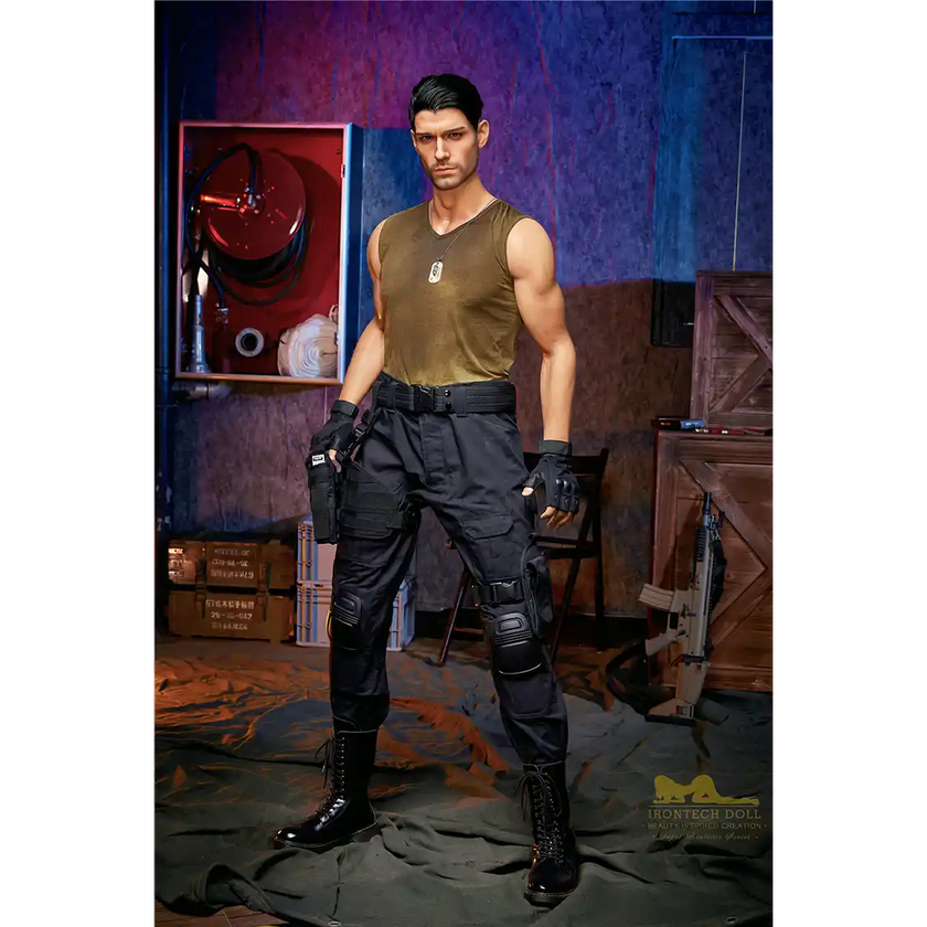 5ft 9in 176cm muscular White male sex doll with a large penis in a military outfit.